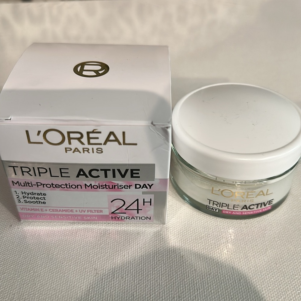 L’Oreal Paris Triple Active Multi-Protection Day Moisturizer 24 Hr. Hydration.